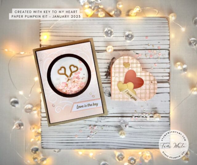 KEY TO MY HEART KIT ALTERNATE PROJECTS  I'm sharing the love with some Paper Pumpkin inspiration. It's time for out APPT – “A Paper Pumpkin Thing” blog hop and it is full of inspiration. This month we're sharing alternate ideas featuring the January 2023 “Key to my heart” Paper Pumpkin kit.  For my shares I've created a shaker card and a window heart box gift set with the Key to my heart kit and Heart box add ons. What would you put in this adorable peek-a-boo window heart box? I'm thinking it needs some candy hearts, or jelly belly jelly beans. 
