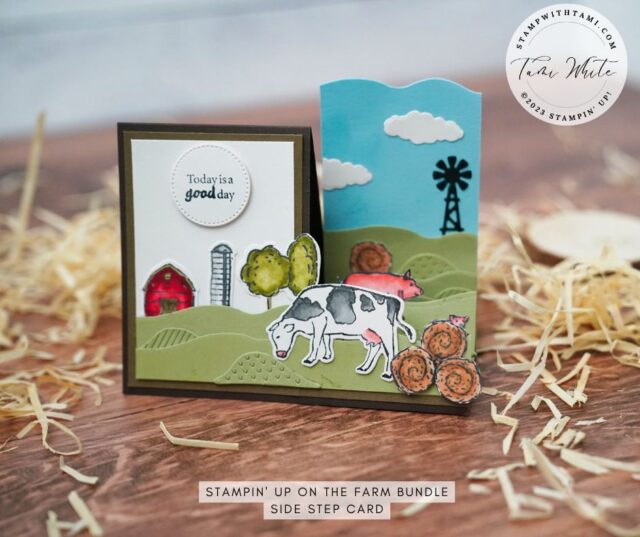A side step fun fold card I created with the Stampin' Up! On the Farm Bundle. The bundle is in the 2023 January-April mini catalog. I love the layers of the card and how it tells a story. The cow, hay bails and piglet in the foreground. And the barn, silo and wind mill in the background.