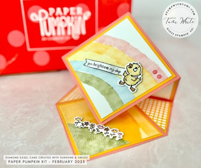 Brighten someone's day with this cheery diamond easel fun fold card. It's an alternate to the February 2023 Sunshine & Smiles Paper Pumpkin kit. I have a video and template below so you can make this card. 