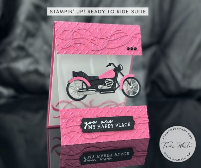 Check out this pretty pink floating motorcycle card. There's no denying the Stampin' Up! Ready to Ride Suite makes fantastic masculine cards, but it is definitely not limited to man cards. A feminine polished pink motorcycle is perfect for your Harley loving friends. I also thought it made a great card for breast cancer awareness.
The Window Sheet gives the motorcycle the illusion of "floating" in mid air. It's such a cool design.
