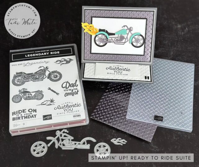 A new video class and a new series of engine revving "wow"  projects created with the Stampin' Up Ready to Ride Series collection. On the video I'll share 15 projects I've created. Below I've got tutorials for the first 5 projects in this series including 2 gift packages and 2 cards created with the designer series paper.  These stamps and dies are so cool, you can literally build custom motorcycles to match your loved ones. Or Just have some fun with it. And although these make great man cards and craft projects, don't forget the ladies. I'm sharing one of my favorite memories from Stampin' Up! events when I got to ride a Harley across the stage.
