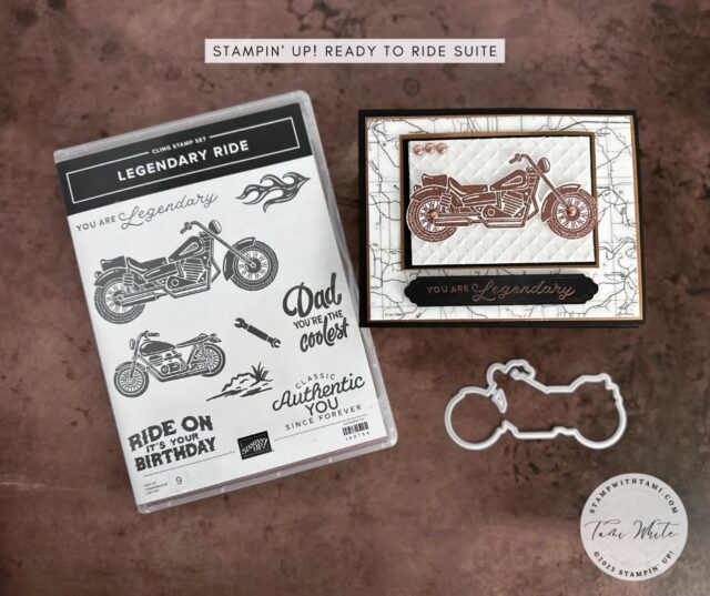 LEGENDARY MOTORCYCLE CARD
Classic and legendary motorcycle card. Created with the Stampin' Up! Legendary Ride Stamp Set and die bundle. The copper adds a vintage edge to the card. The road map background is from the Layering Vellum Designs. I embossed vellum cardstock with the Metal Plate folder and layered over white cardstock for a frosted look. 
