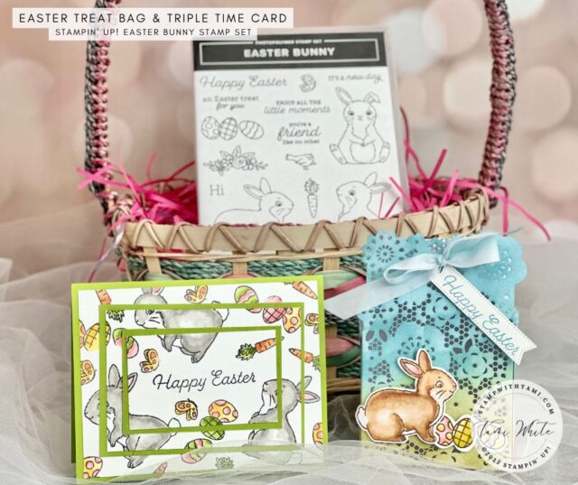 Who said Easter had to be boring? This holiday season, add a little oomph to your Easter celebration with a triple time card and a delicate details ombre treat box! Perfect for gifts, you can fill this treat bag with all kinds of goodies, from candies to chocolate bunnies, trinkets and even little liquor bottles. I have instructions and helpful videos below to help you make these, including the triple time technique and the blending brushes. 

I made these with the Easter Bunny Stamp set from Stampin' Up!

