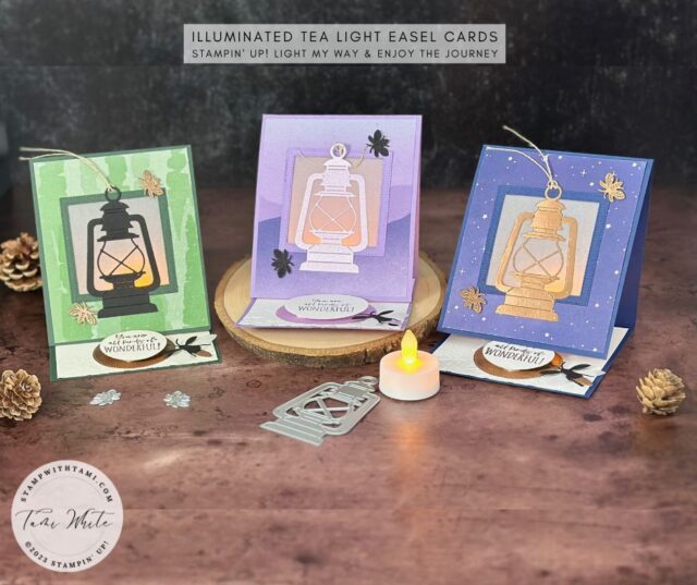 Glowing lanterns to light the way to any occasion. These illuminated easel fun fold cards were created with the Stampin' Up! Lighting the Way Stamps and Dies and the Enjoy the Journey Designer Series Paper. 

This easel card fold flat into a square 4-1/4" x 4-1/4". It will fit into a Medium sized envelope, but if you are gifting the tea light with the card I'd recommend a bubble wrap.

