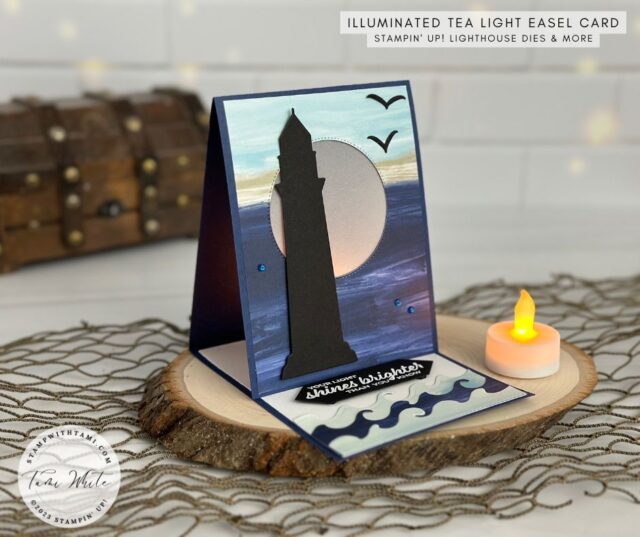 Your light shines brighter then you know! Perfectly paired with the illuminated lighthouse card. Both the words and the lighthouse dies are from the Lighthouse Point bundle. I mixed a bunch of nautical themed products for this rest of this card. The paper is from the By the Bay dsp collection. The birds are from the Waves dies and the waves are from the On the Ocean dies.