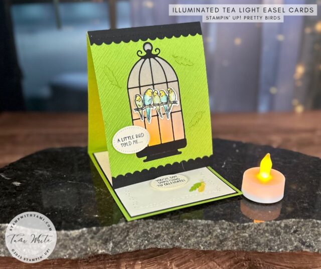 A little birdie told me you've got something to celebrate! I created this illuminated easel fun fold card with the Stampin' Up! Pretty Birds stamp set and dies. The words are from the Sweet Songbirds stamps. Insert a tea light and the bird cage glows behind the birds. I really love this bundle, I have some links to more fancy folds I created with it below.

I designed this easel fancy fold in portrait orientation so it stands tall, but it still folds flat to standard 5-1/2″ x 4-1/4″ card size. 
