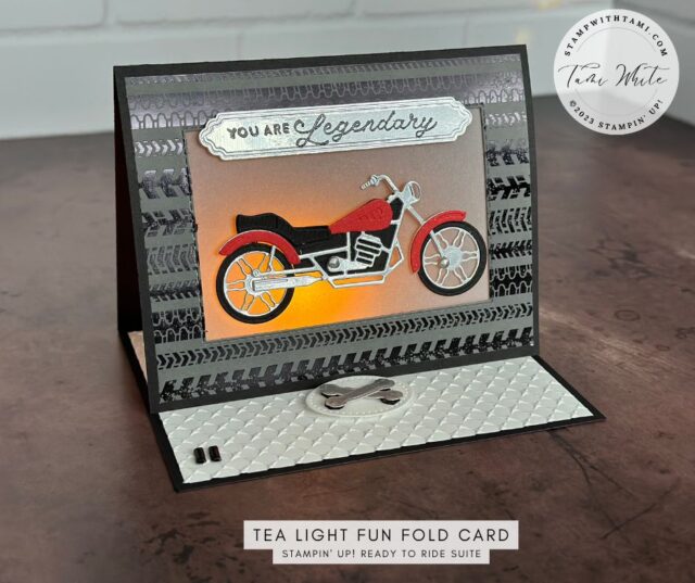Making a custom motorcycle card doesn't have to be expensive or difficult. With the Stampin Up Ready To Ride Suite, you can make an illuminated easel fun fold masculine card with a few simple steps. Perfect for the personalized touch you want. Get instructions and watch my video class below for more info! #2 in my series of tea light cards.