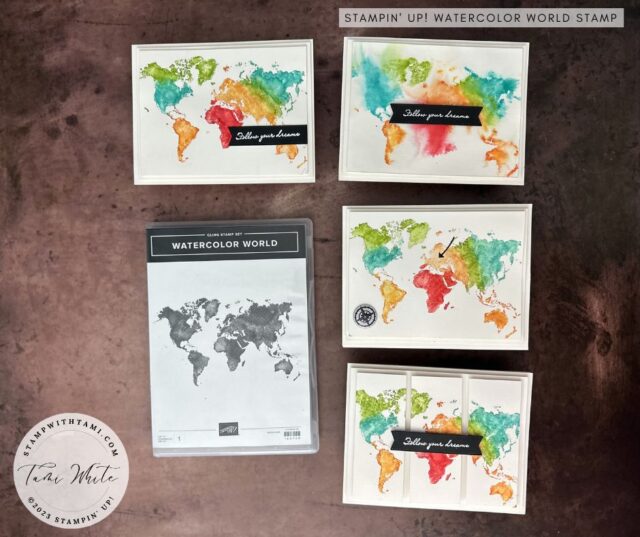 WATERCOLOR WORLD WOW
Sharing some "wow" cards I created with the Stampin' Up! Watercolor World stamp set and Brights Stampin' Write Markers. Add an arrow from the Give It a Whirl dies to point to a specific location. How fun to give to a loved one traveling, maybe going on a mission trip, studying abroad, special vacation, etc. Which of these designs do you like the best? 
My original card was inspired by Linda Dalke. Check out the short video below.