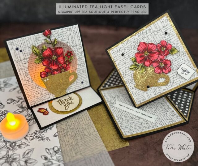 It's like giving a warm hug in cup. The glowing warmth of the tea light illuminating the tea cup filled with beautiful flowers. The tea cup is from the Teacup Dies. Instead of plain Vellum cardstock for the frosted window, I used Layering Vellum Designs. The flowers are colored with Stampin' Blends and the Perfectly Penciled black and white designer paper. The card matches the diamond easel card I designed over the summer and a couple of other cards I'll share below.

I designed this easel fun card folds flat to 4-1/4" x 4-1/4". 
